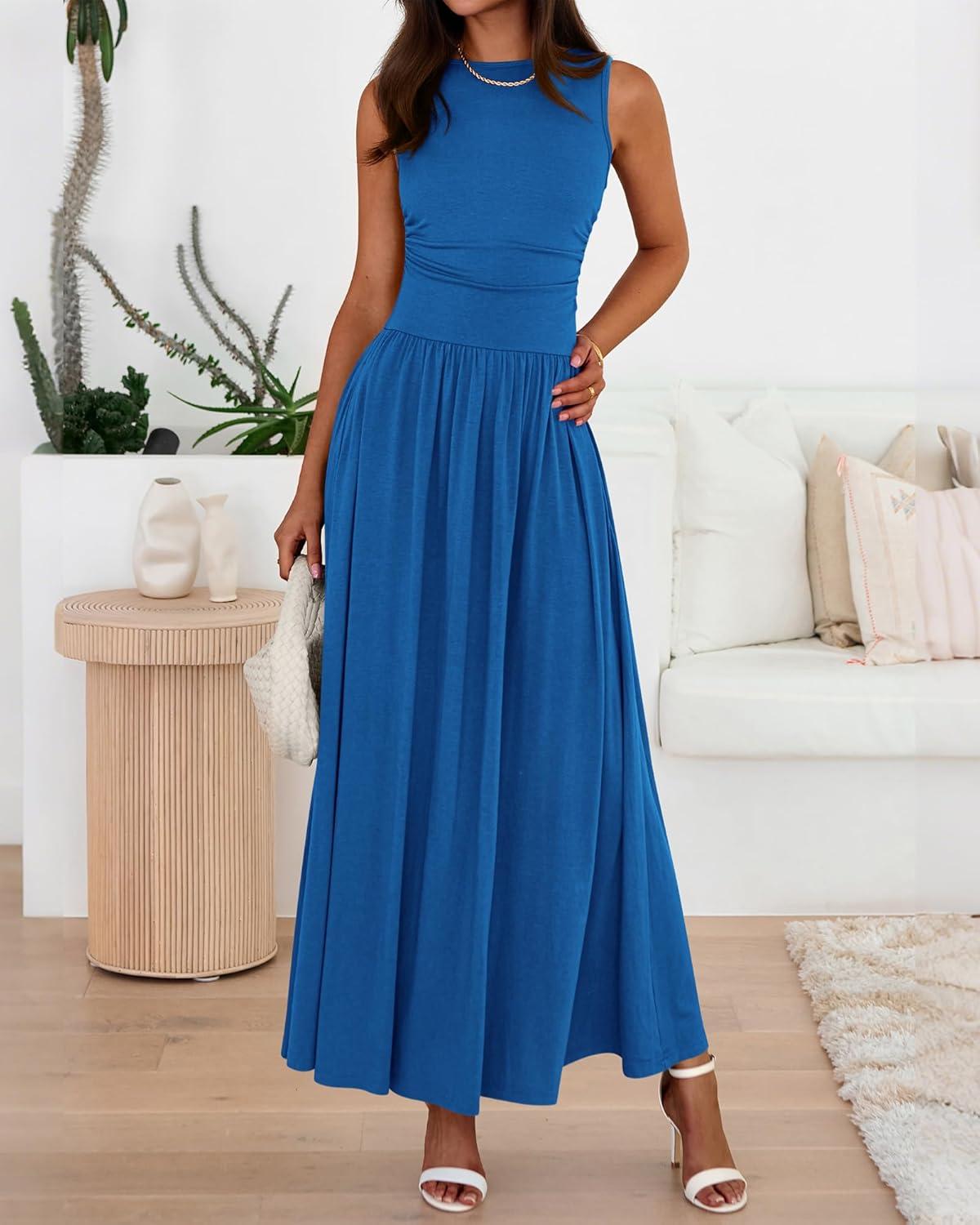 imageBTFBM Summer Maxi Dresses for Women 2026 Spring Sleeveless Casual Ruched High Waisted Long Sundress Flowy Beach DressBlue