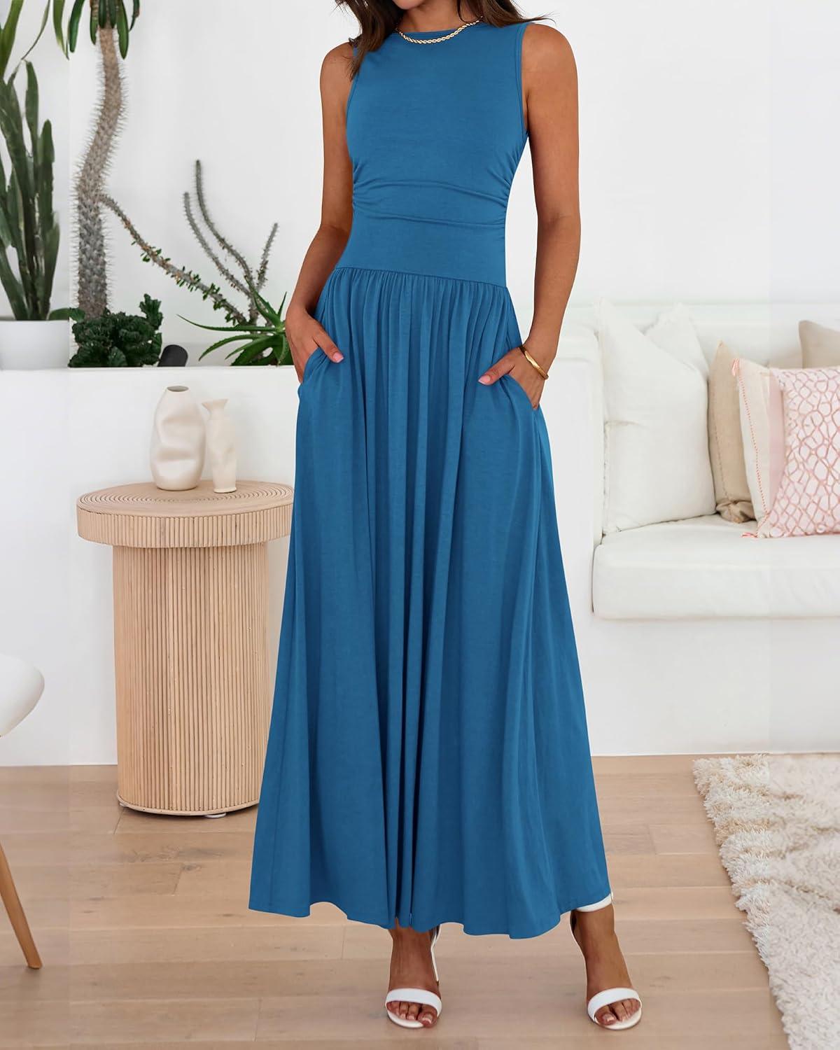 imageBTFBM Summer Maxi Dresses for Women 2026 Spring Sleeveless Casual Ruched High Waisted Long Sundress Flowy Beach DressBlue