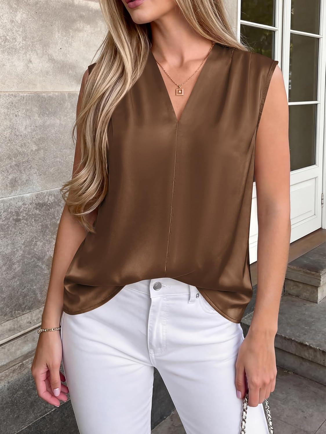 imageBTFBM Tank Top for Women 2026 Summer Spring Silk Satin V Neck Pleated Sleeveless Work Blouses Business Casual OutfitsBrown