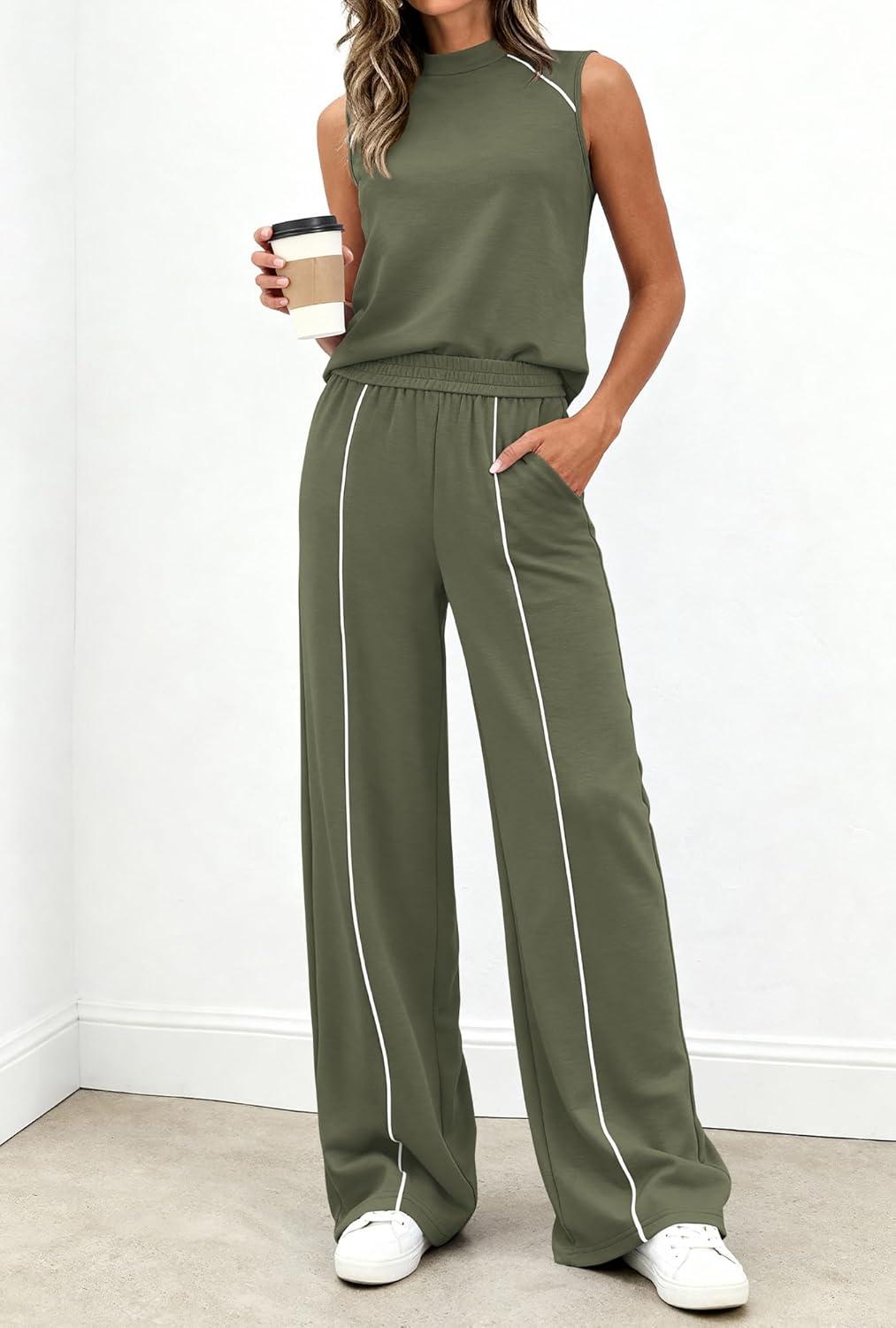 imageBTFBM Two Piece Sets for Women Summer Outfits 2026 Lounge Sets Mock Neck Tops Wide Leg Pants Travel Fashion ClothingArmy Green