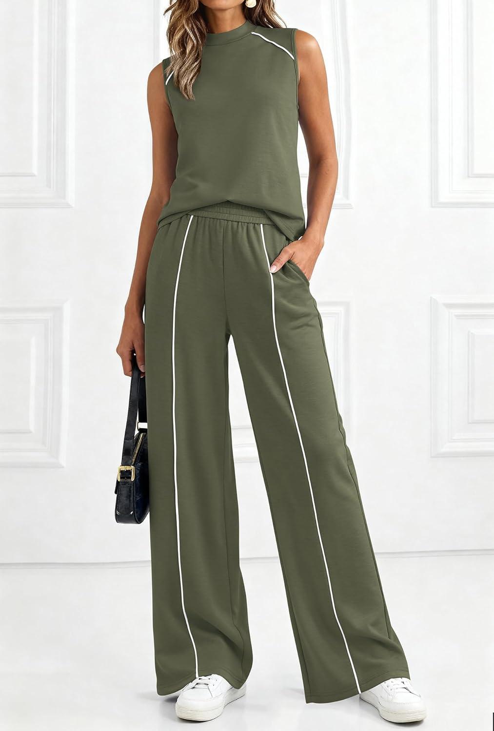 imageBTFBM Two Piece Sets for Women Summer Outfits 2026 Lounge Sets Mock Neck Tops Wide Leg Pants Travel Fashion ClothingArmy Green