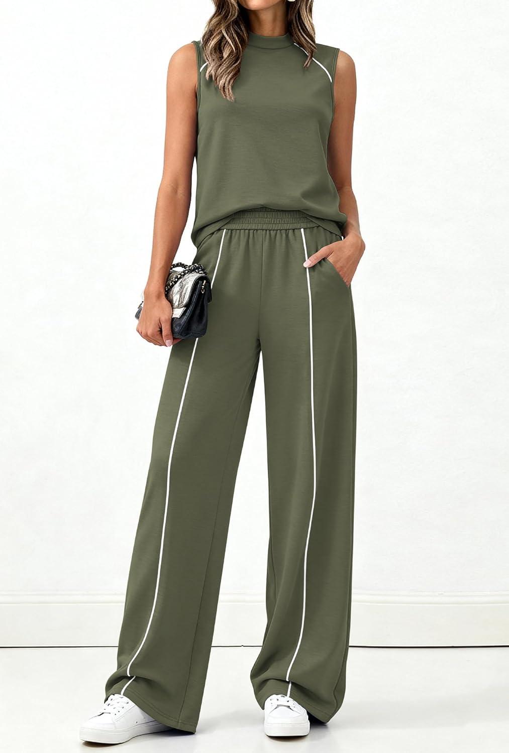 imageBTFBM Two Piece Sets for Women Summer Outfits 2026 Lounge Sets Mock Neck Tops Wide Leg Pants Travel Fashion ClothingArmy Green