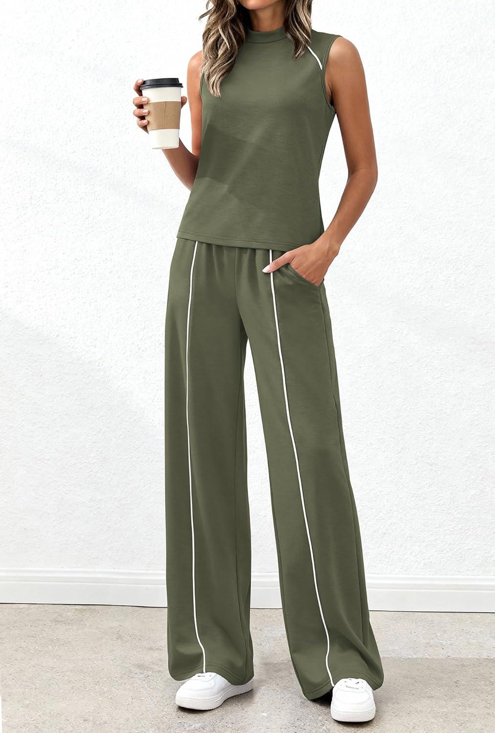 imageBTFBM Two Piece Sets for Women Summer Outfits 2026 Lounge Sets Mock Neck Tops Wide Leg Pants Travel Fashion ClothingArmy Green