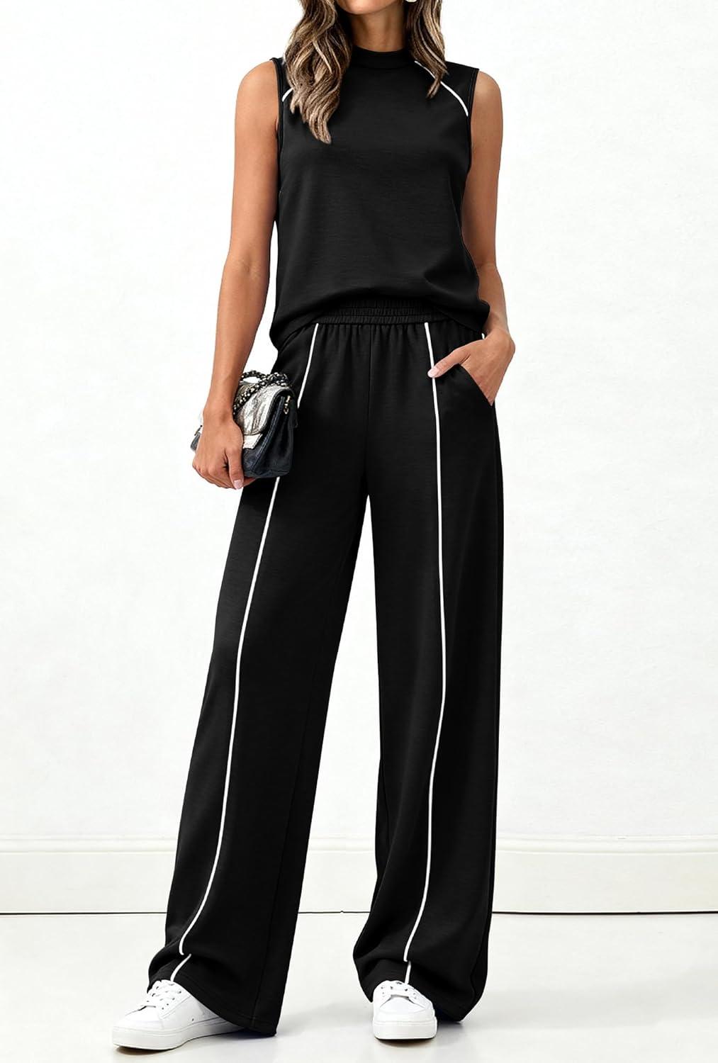 imageBTFBM Two Piece Sets for Women Summer Outfits 2026 Lounge Sets Mock Neck Tops Wide Leg Pants Travel Fashion ClothingBlack