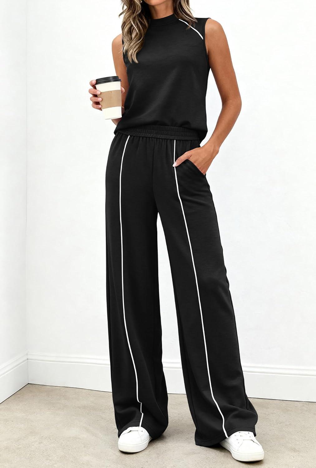 imageBTFBM Two Piece Sets for Women Summer Outfits 2026 Lounge Sets Mock Neck Tops Wide Leg Pants Travel Fashion ClothingBlack
