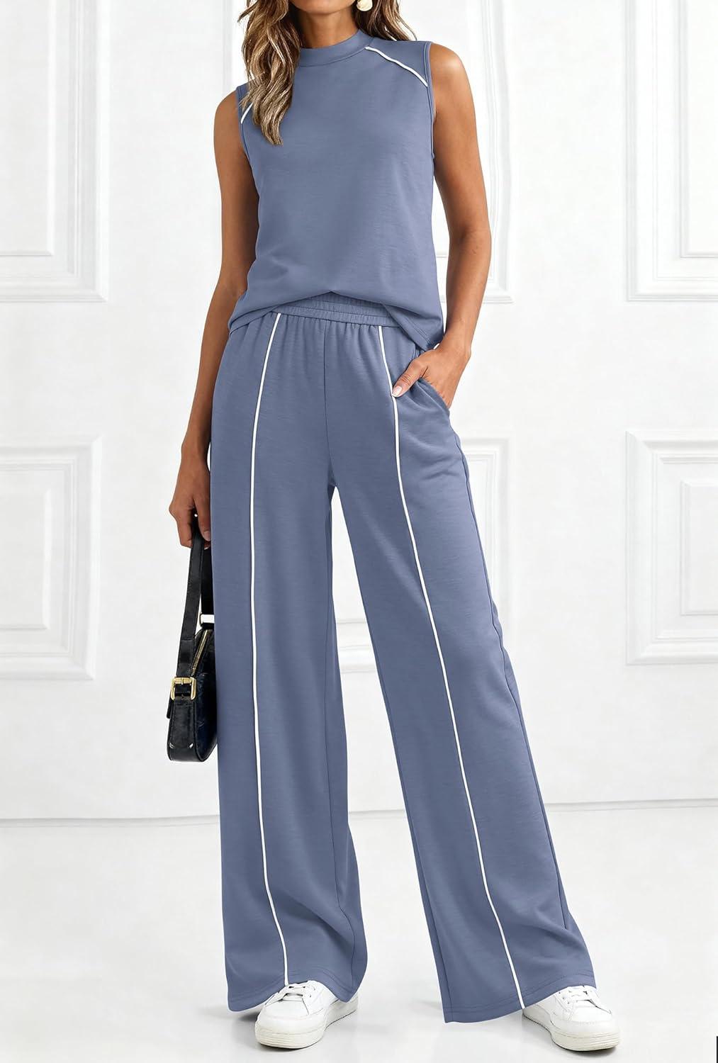 imageBTFBM Two Piece Sets for Women Summer Outfits 2026 Lounge Sets Mock Neck Tops Wide Leg Pants Travel Fashion ClothingGrey Blue