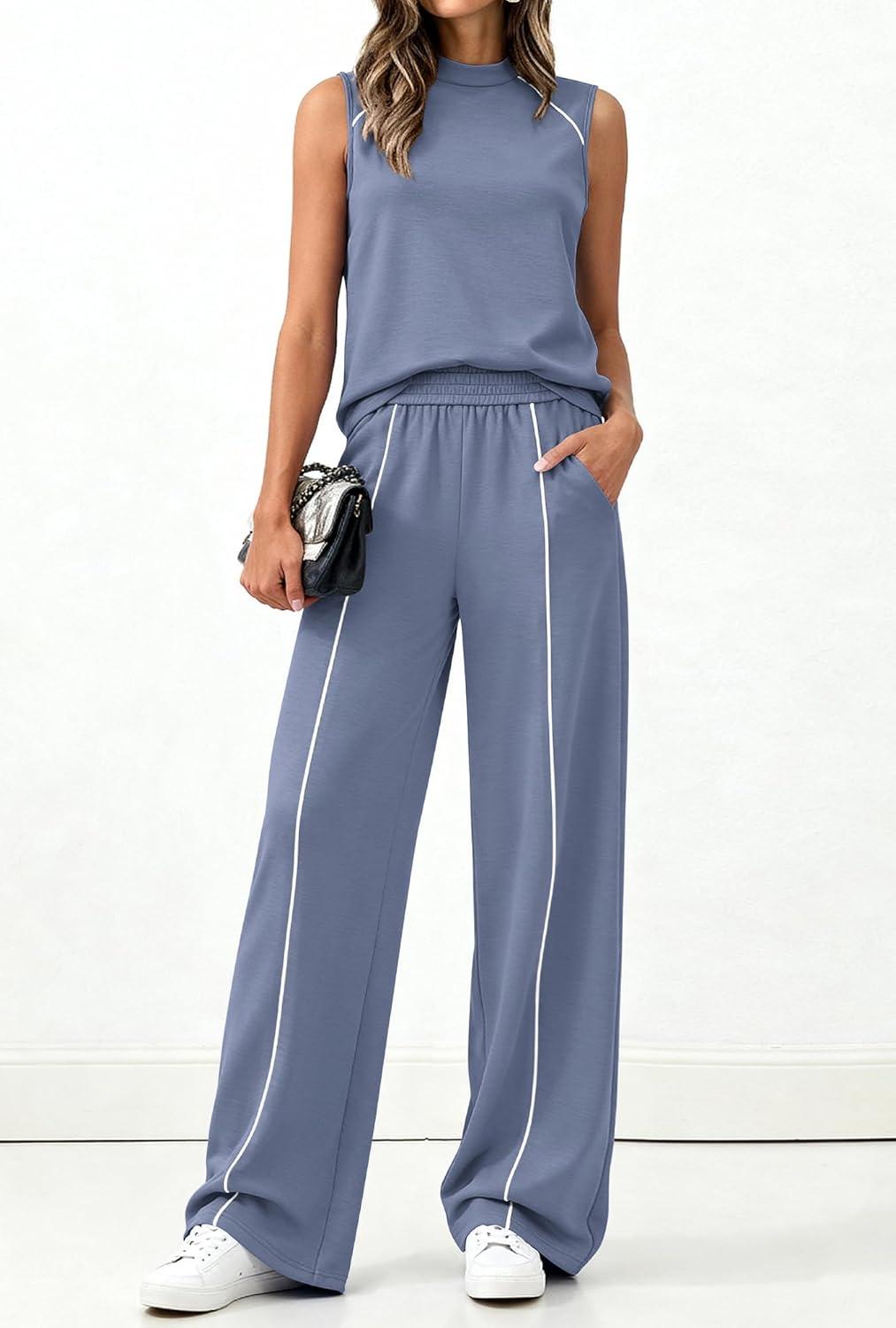 imageBTFBM Two Piece Sets for Women Summer Outfits 2026 Lounge Sets Mock Neck Tops Wide Leg Pants Travel Fashion ClothingGrey Blue