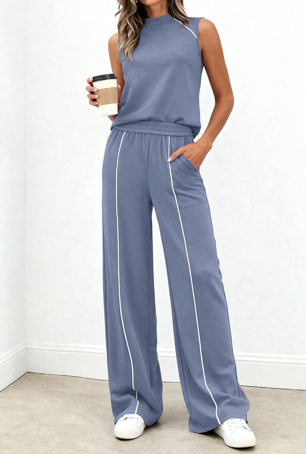 imageBTFBM Two Piece Sets for Women Summer Outfits 2026 Lounge Sets Mock Neck Tops Wide Leg Pants Travel Fashion ClothingGrey Blue