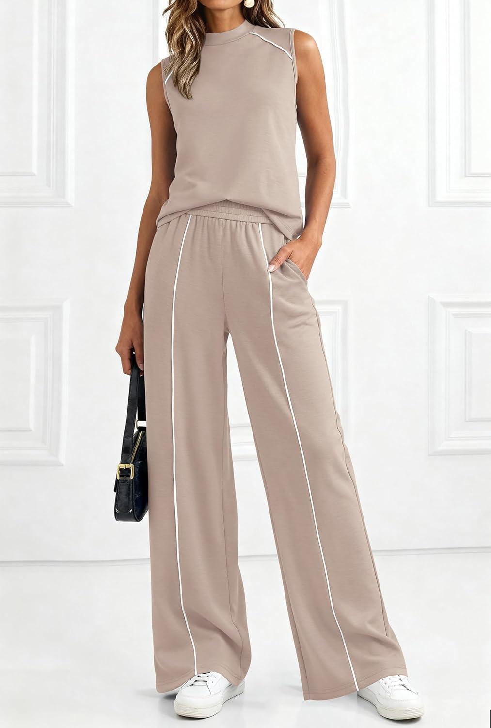 imageBTFBM Two Piece Sets for Women Summer Outfits 2026 Lounge Sets Mock Neck Tops Wide Leg Pants Travel Fashion ClothingKhaki