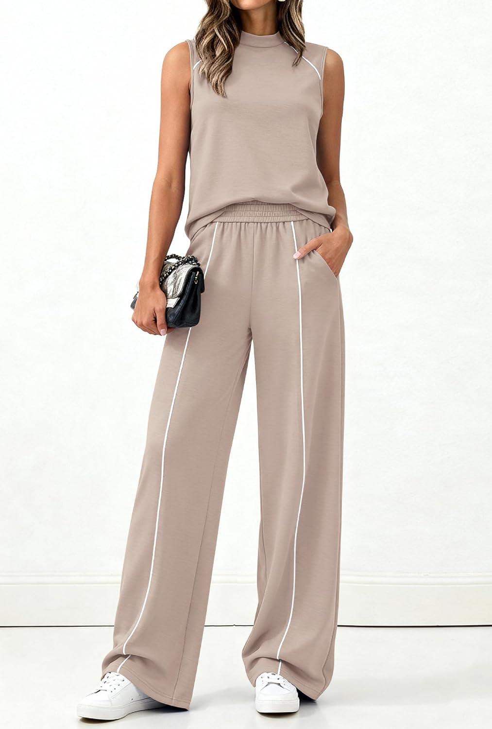 imageBTFBM Two Piece Sets for Women Summer Outfits 2026 Lounge Sets Mock Neck Tops Wide Leg Pants Travel Fashion ClothingKhaki