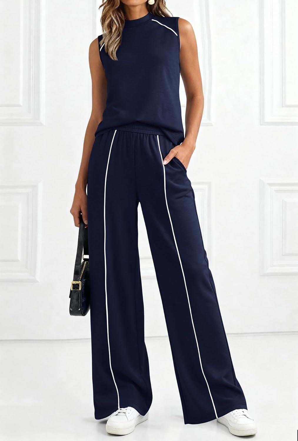 imageBTFBM Two Piece Sets for Women Summer Outfits 2026 Lounge Sets Mock Neck Tops Wide Leg Pants Travel Fashion ClothingNavy Blue