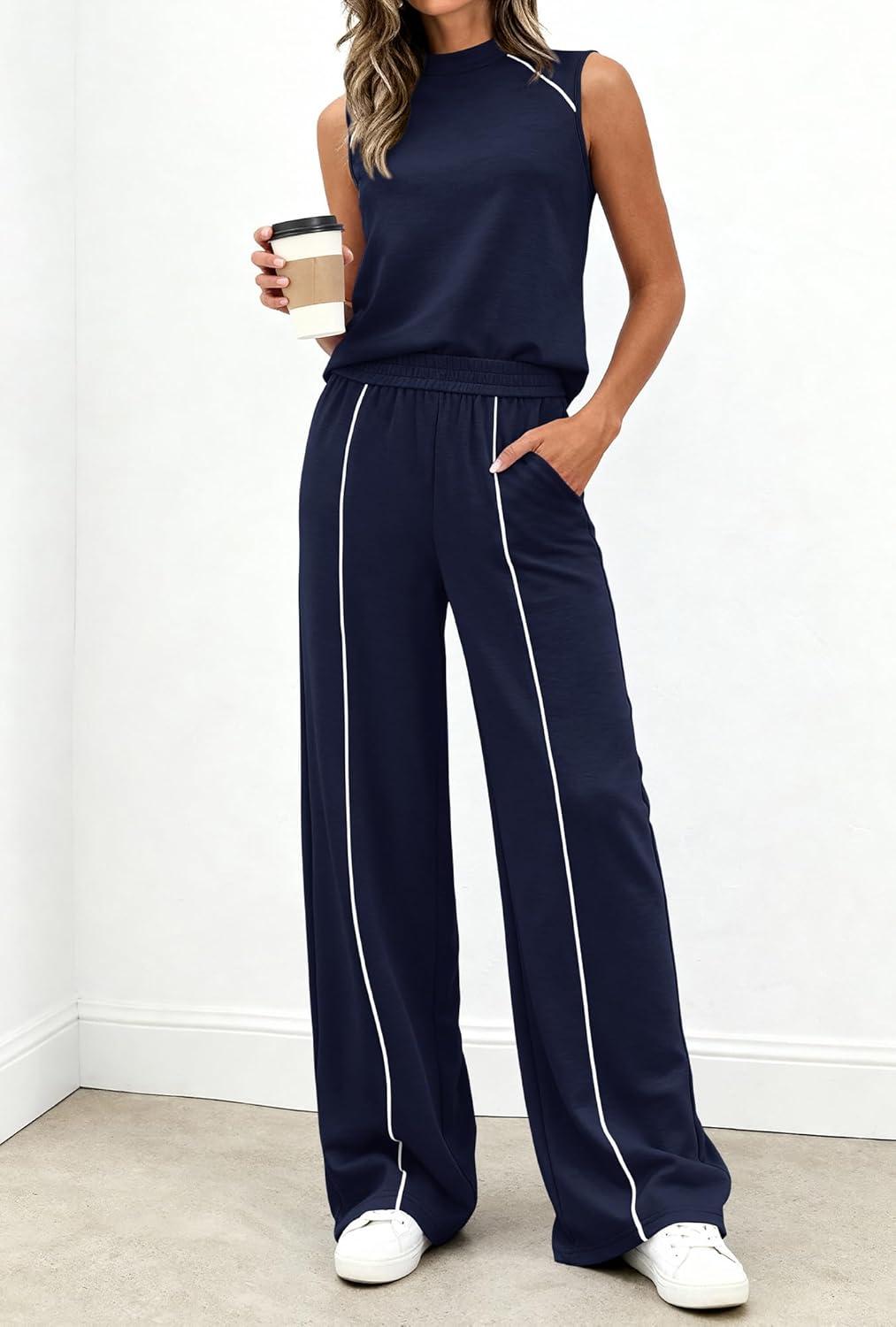 imageBTFBM Two Piece Sets for Women Summer Outfits 2026 Lounge Sets Mock Neck Tops Wide Leg Pants Travel Fashion ClothingNavy Blue
