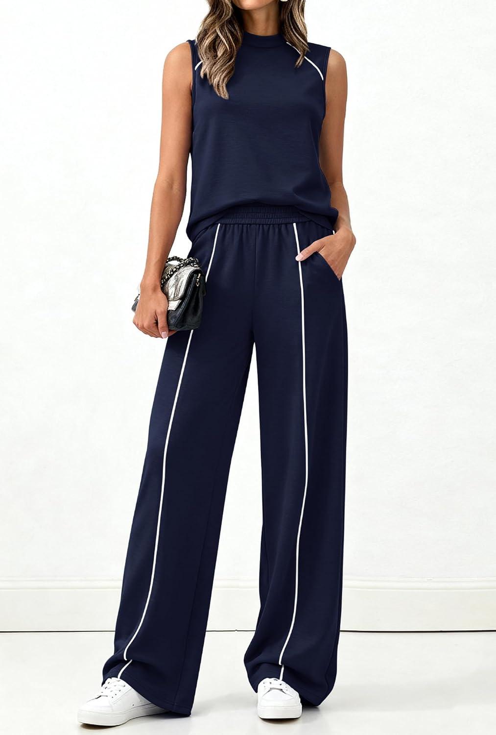 imageBTFBM Two Piece Sets for Women Summer Outfits 2026 Lounge Sets Mock Neck Tops Wide Leg Pants Travel Fashion ClothingNavy Blue