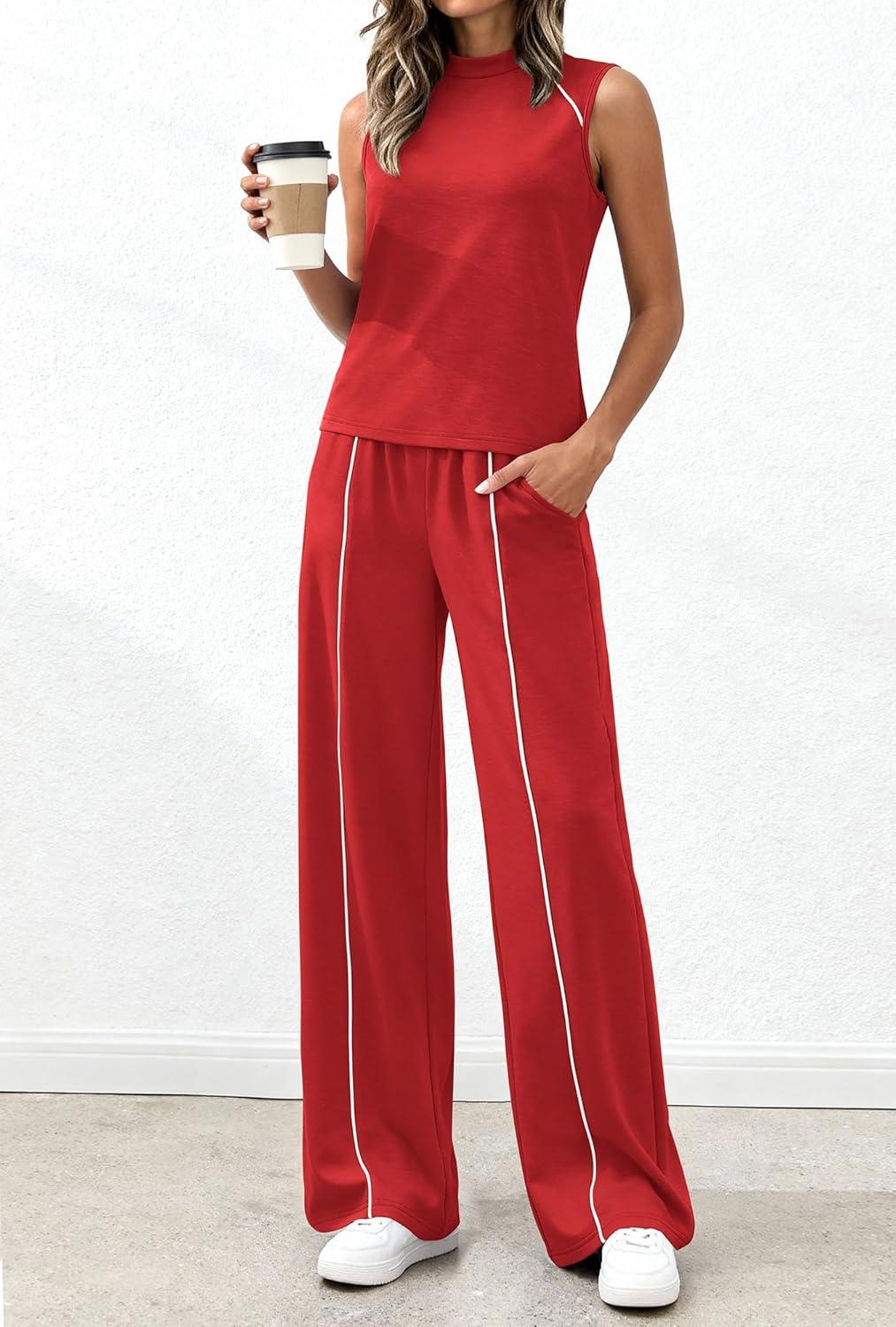 imageBTFBM Two Piece Sets for Women Summer Outfits 2026 Lounge Sets Mock Neck Tops Wide Leg Pants Travel Fashion ClothingRed