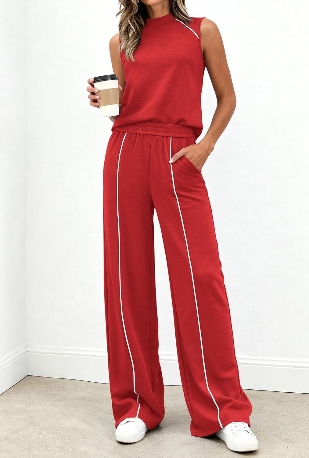 imageBTFBM Two Piece Sets for Women Summer Outfits 2026 Lounge Sets Mock Neck Tops Wide Leg Pants Travel Fashion ClothingRed