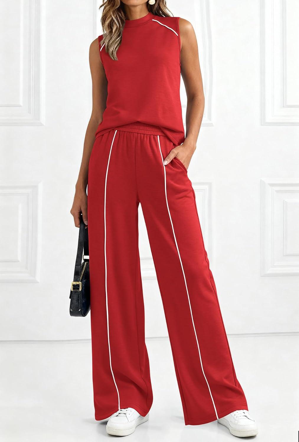 imageBTFBM Two Piece Sets for Women Summer Outfits 2026 Lounge Sets Mock Neck Tops Wide Leg Pants Travel Fashion ClothingRed