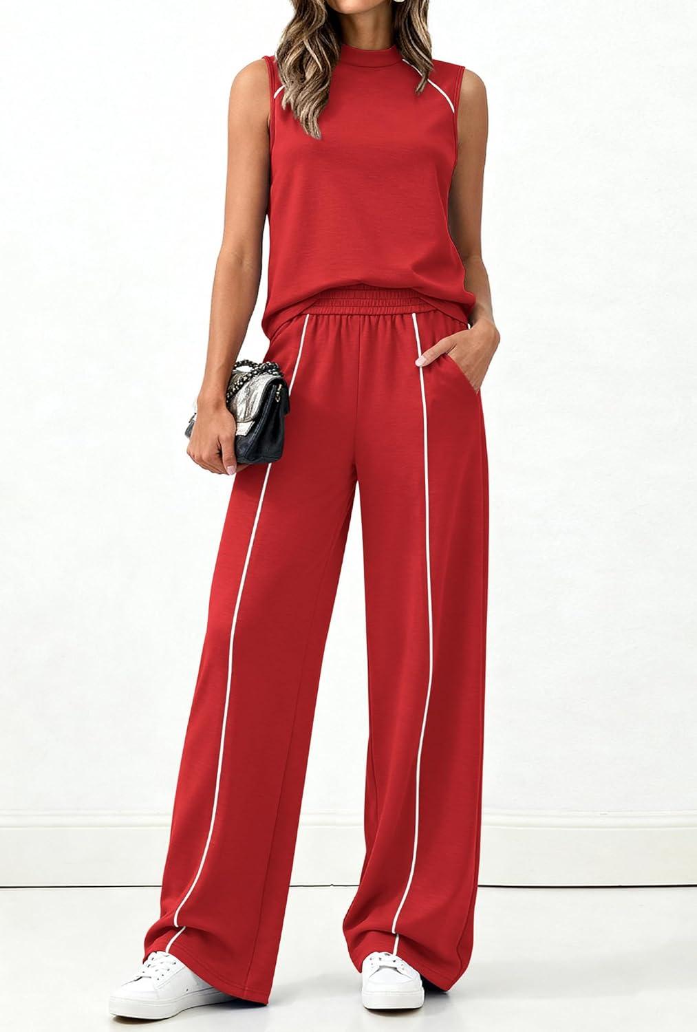 imageBTFBM Two Piece Sets for Women Summer Outfits 2026 Lounge Sets Mock Neck Tops Wide Leg Pants Travel Fashion ClothingRed