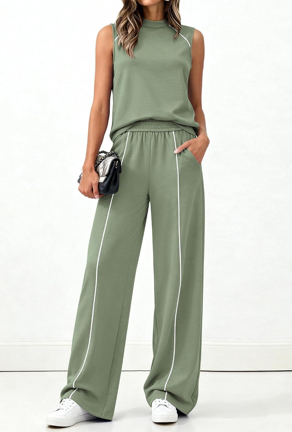 imageBTFBM Two Piece Sets for Women Summer Outfits 2026 Lounge Sets Mock Neck Tops Wide Leg Pants Travel Fashion ClothingSage Green