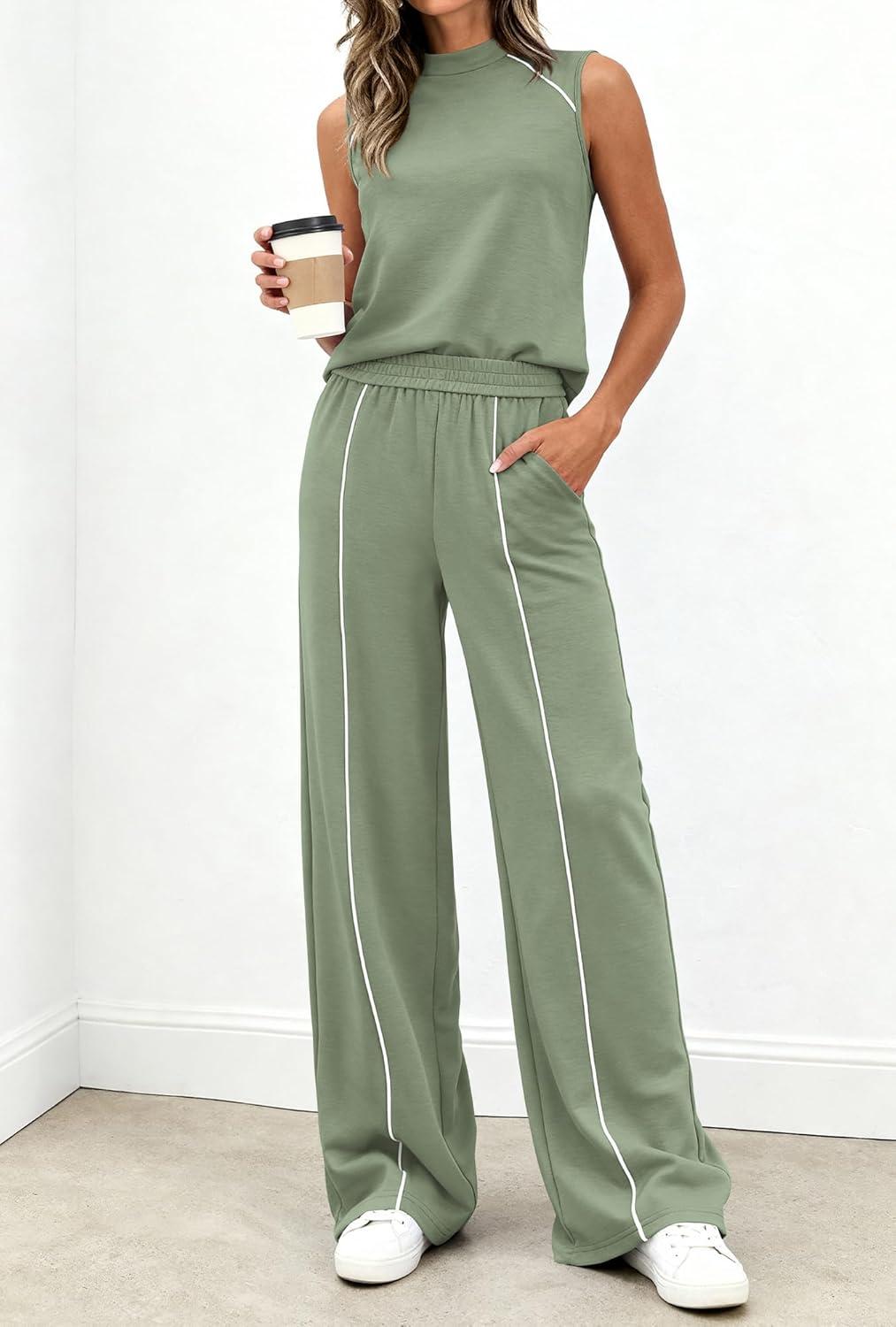 imageBTFBM Two Piece Sets for Women Summer Outfits 2026 Lounge Sets Mock Neck Tops Wide Leg Pants Travel Fashion ClothingSage Green