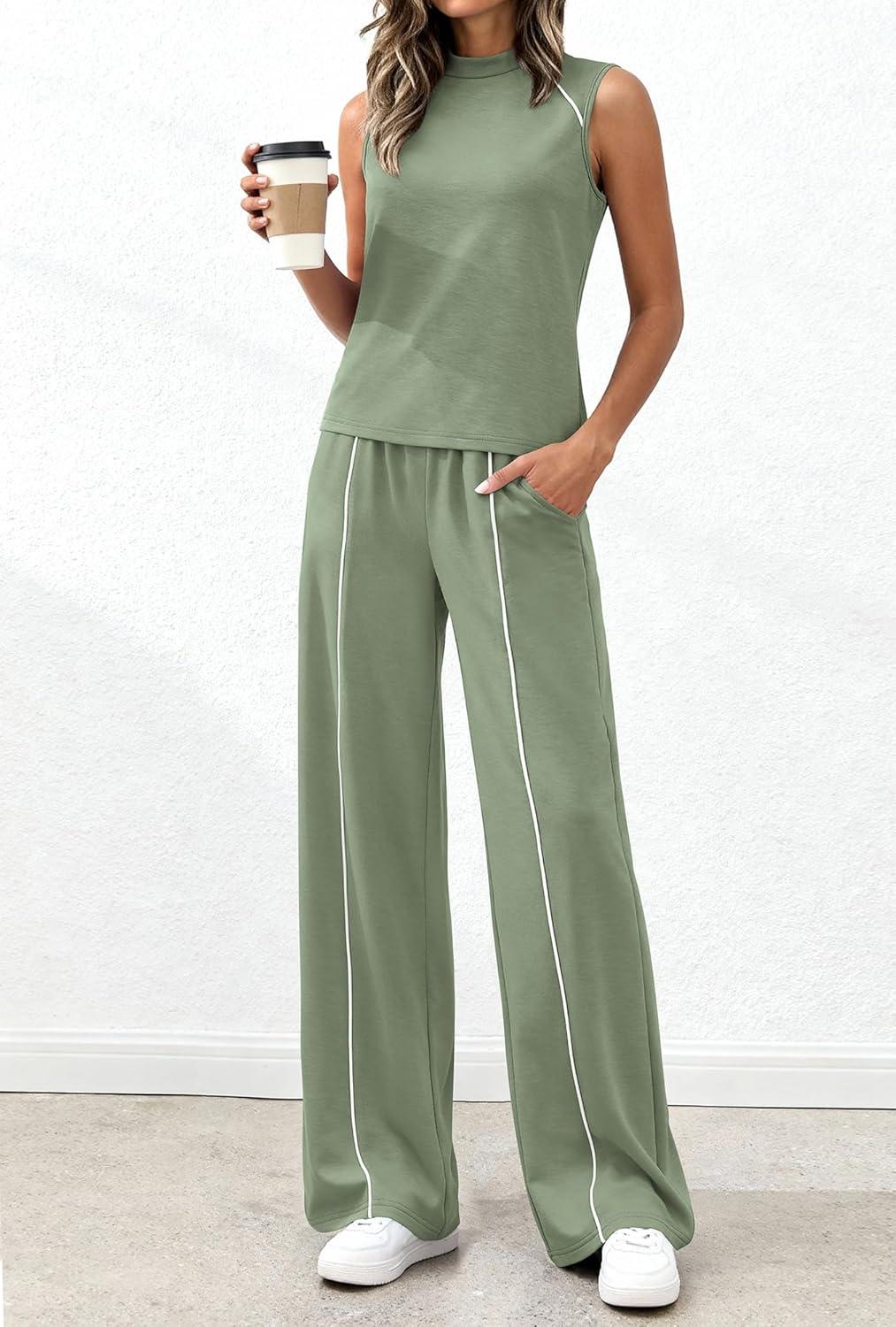imageBTFBM Two Piece Sets for Women Summer Outfits 2026 Lounge Sets Mock Neck Tops Wide Leg Pants Travel Fashion ClothingSage Green