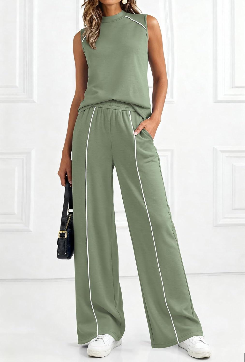 imageBTFBM Two Piece Sets for Women Summer Outfits 2026 Lounge Sets Mock Neck Tops Wide Leg Pants Travel Fashion ClothingSage Green