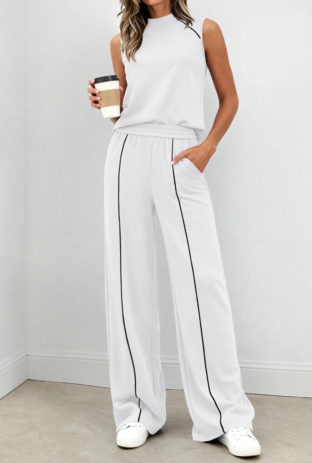 imageBTFBM Two Piece Sets for Women Summer Outfits 2026 Lounge Sets Mock Neck Tops Wide Leg Pants Travel Fashion ClothingWhite