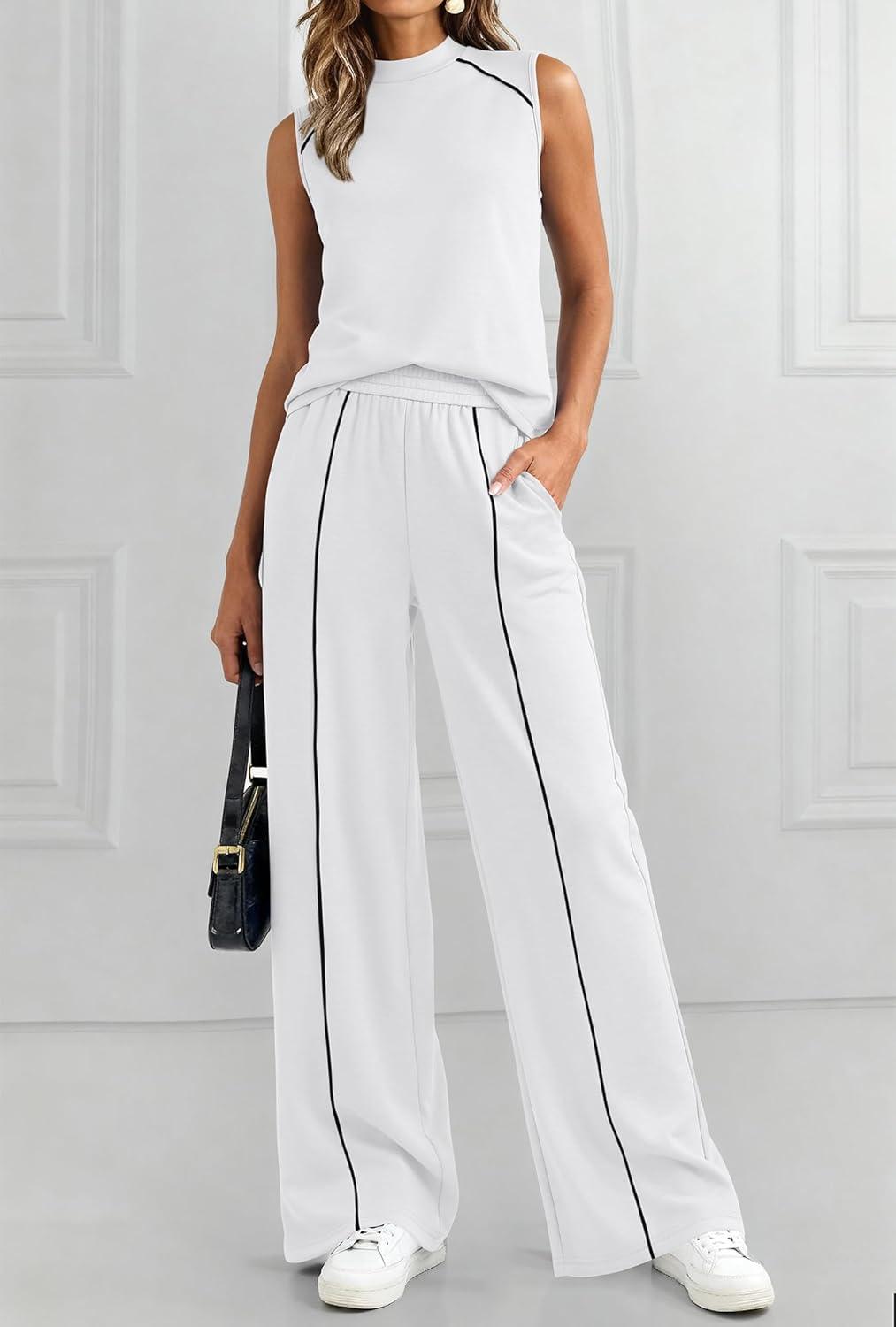 imageBTFBM Two Piece Sets for Women Summer Outfits 2026 Lounge Sets Mock Neck Tops Wide Leg Pants Travel Fashion ClothingWhite