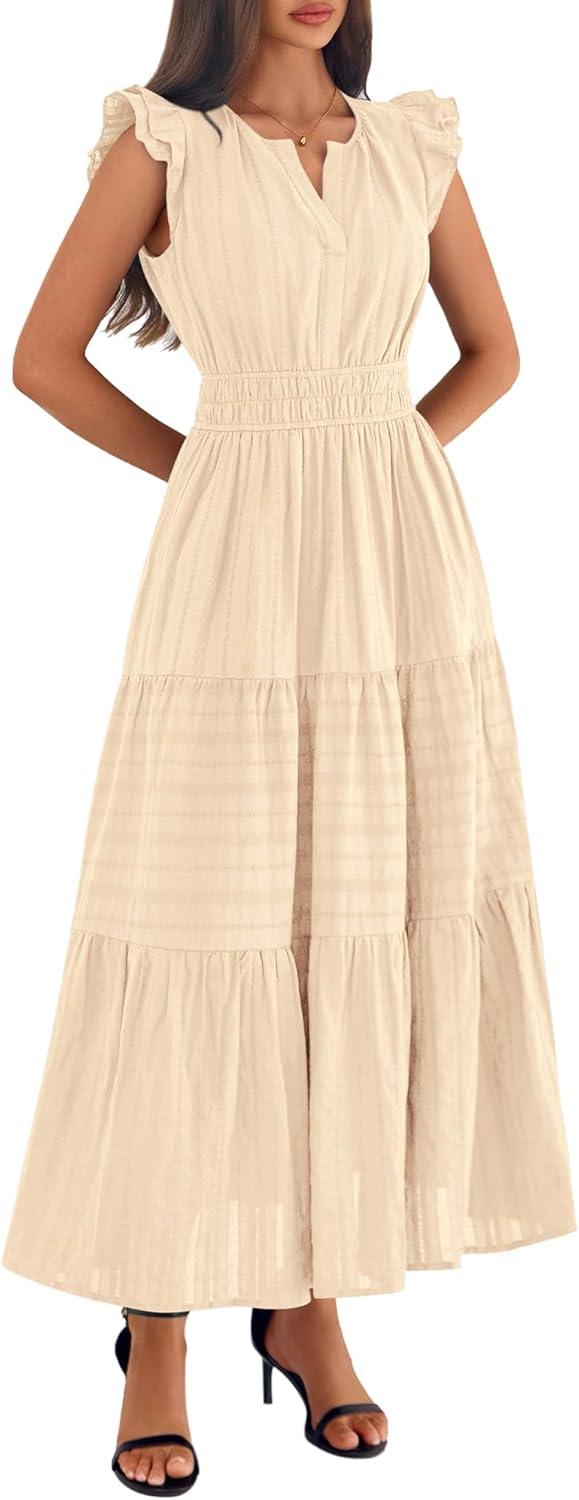 imageBTFBM Womens Summer Maxi Dress 2026 Spring Boho Vacation Ruffle Flutter Short Sleeve A Line Tiered Flowy Dresses PocketsApricot
