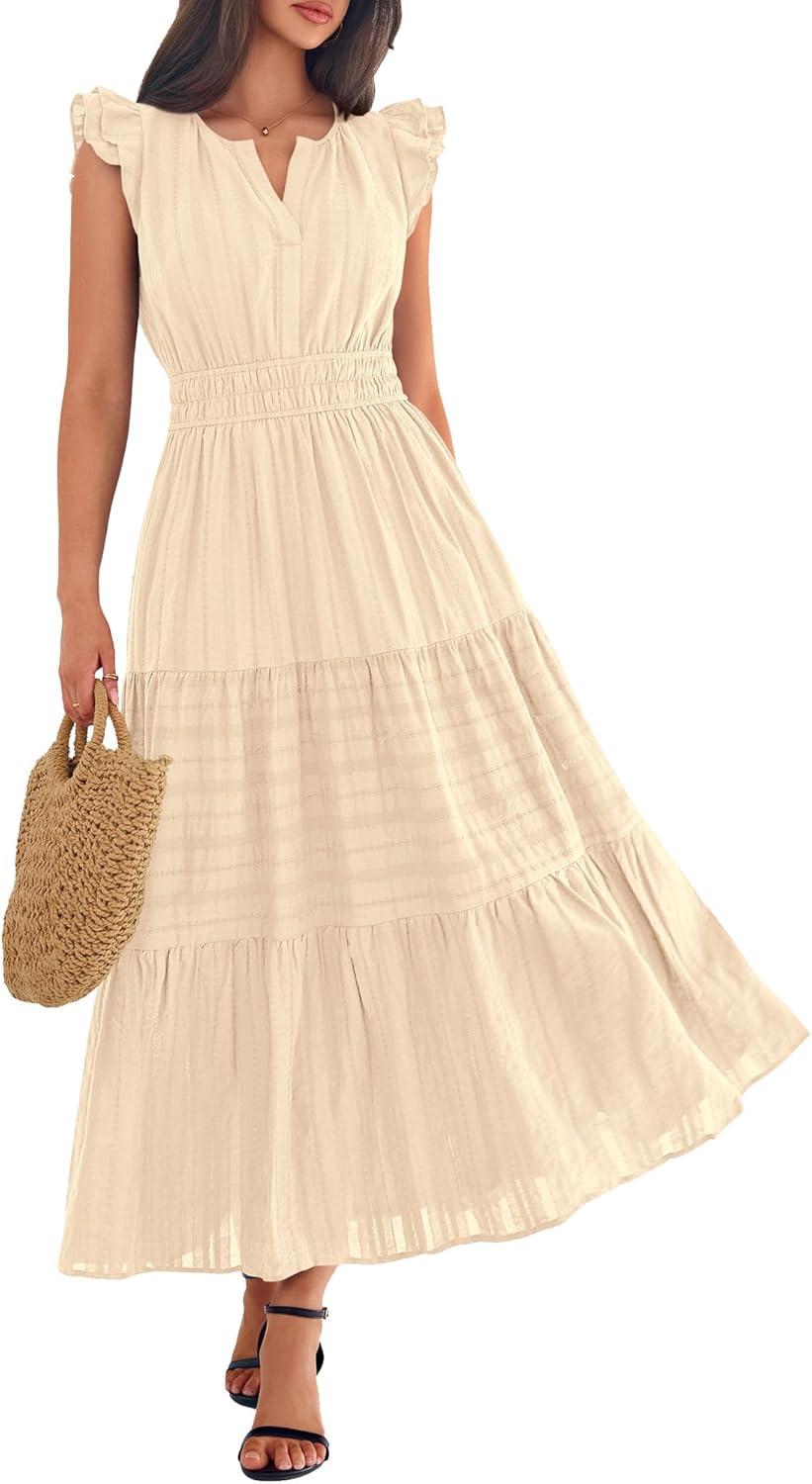 imageBTFBM Womens Summer Maxi Dress 2026 Spring Boho Vacation Ruffle Flutter Short Sleeve A Line Tiered Flowy Dresses PocketsApricot