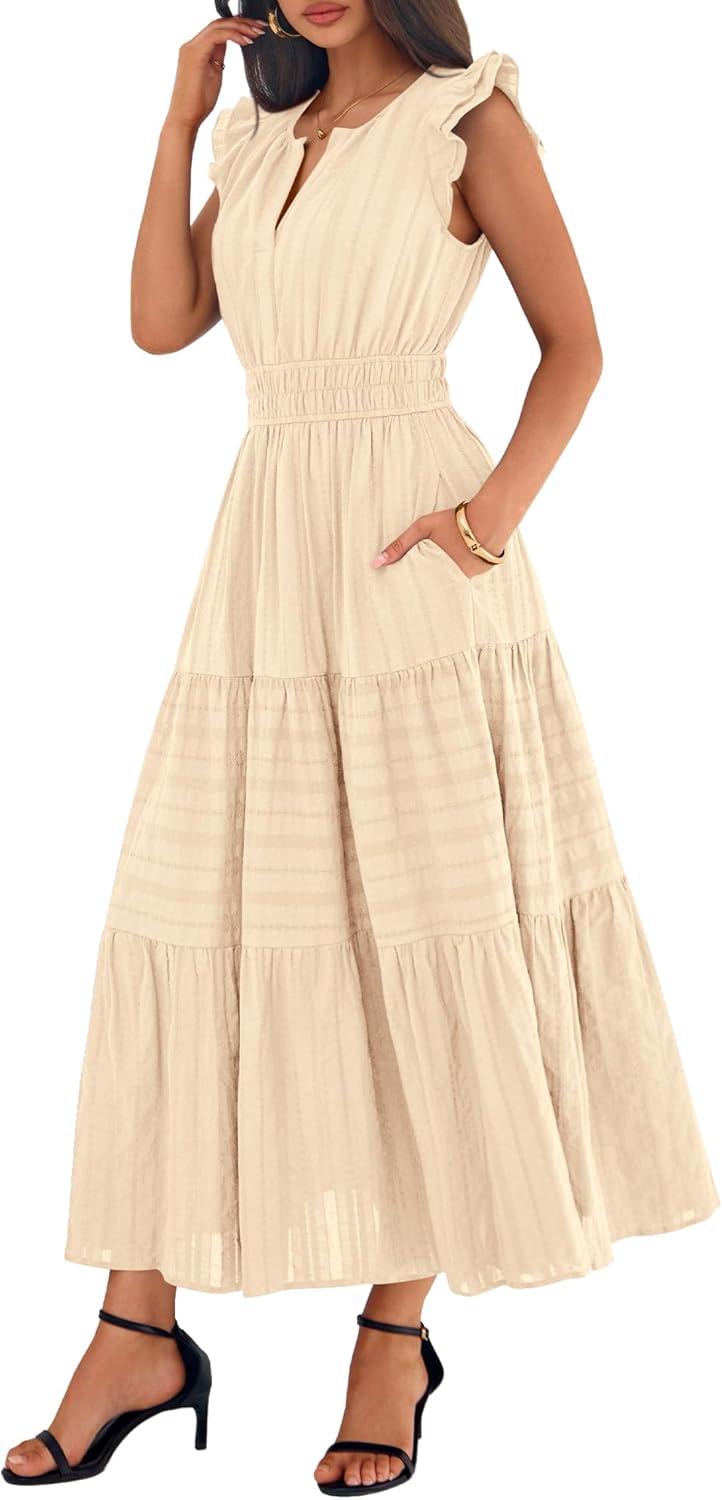 imageBTFBM Womens Summer Maxi Dress 2026 Spring Boho Vacation Ruffle Flutter Short Sleeve A Line Tiered Flowy Dresses PocketsApricot