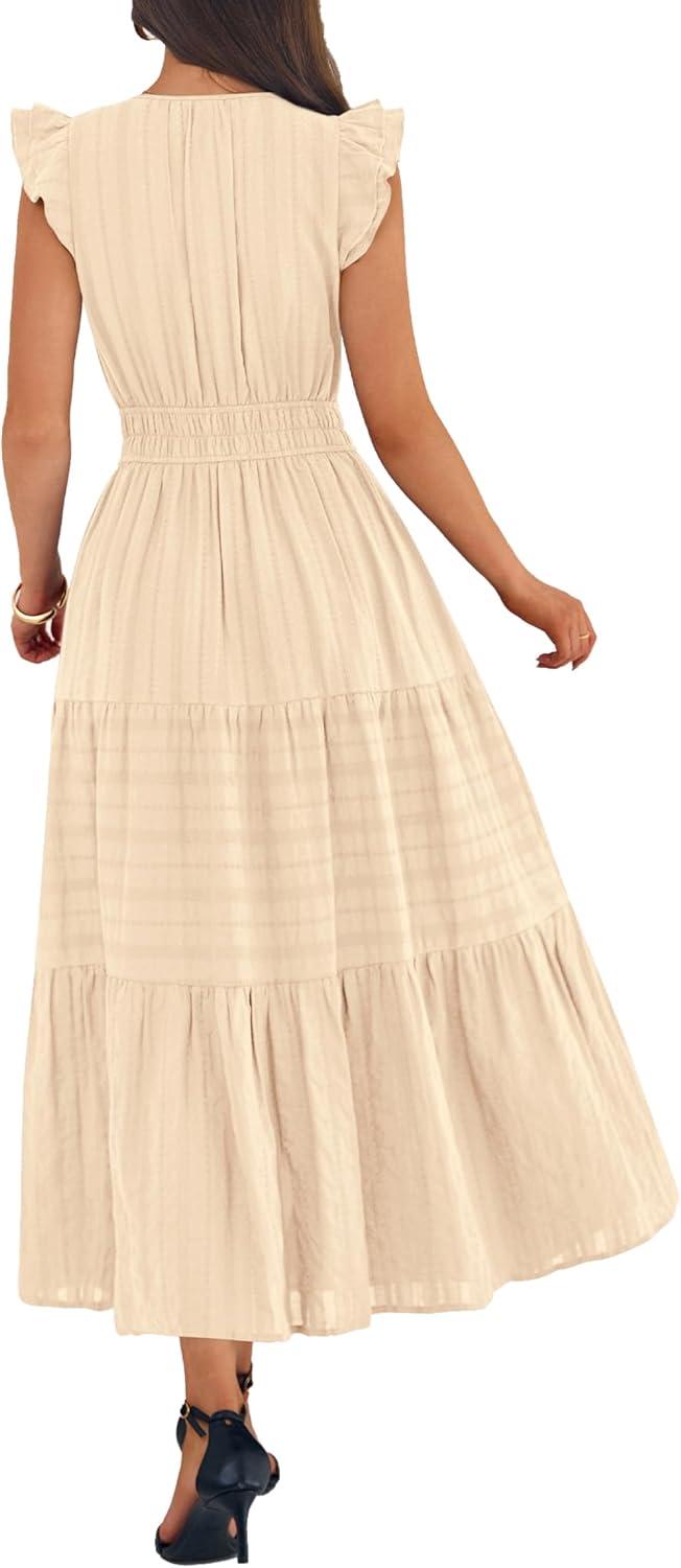 imageBTFBM Womens Summer Maxi Dress 2026 Spring Boho Vacation Ruffle Flutter Short Sleeve A Line Tiered Flowy Dresses PocketsApricot