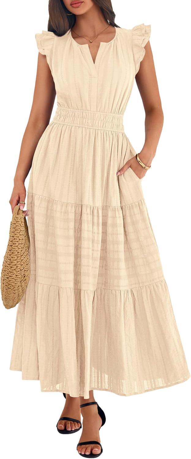 imageBTFBM Womens Summer Maxi Dress 2026 Spring Boho Vacation Ruffle Flutter Short Sleeve A Line Tiered Flowy Dresses PocketsApricot