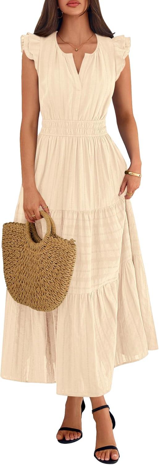 imageBTFBM Womens Summer Maxi Dress 2026 Spring Boho Vacation Ruffle Flutter Short Sleeve A Line Tiered Flowy Dresses PocketsApricot
