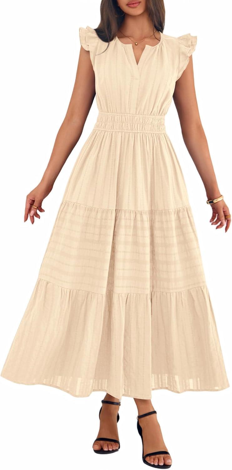 imageBTFBM Womens Summer Maxi Dress 2026 Spring Boho Vacation Ruffle Flutter Short Sleeve A Line Tiered Flowy Dresses PocketsApricot