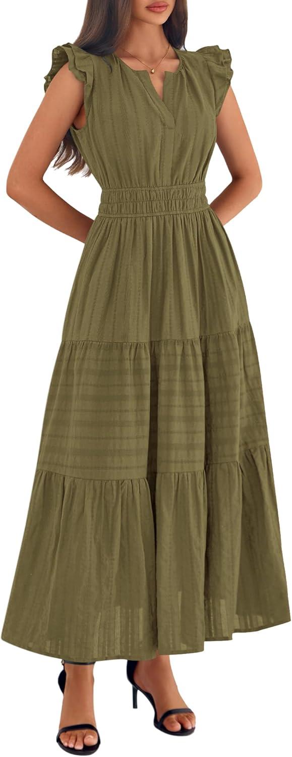 imageBTFBM Womens Summer Maxi Dress 2026 Spring Boho Vacation Ruffle Flutter Short Sleeve A Line Tiered Flowy Dresses PocketsArmy Green
