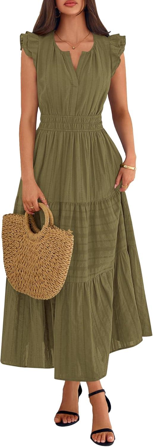 imageBTFBM Womens Summer Maxi Dress 2026 Spring Boho Vacation Ruffle Flutter Short Sleeve A Line Tiered Flowy Dresses PocketsArmy Green