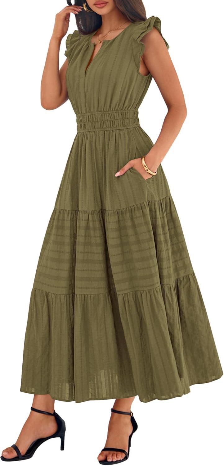 imageBTFBM Womens Summer Maxi Dress 2026 Spring Boho Vacation Ruffle Flutter Short Sleeve A Line Tiered Flowy Dresses PocketsArmy Green
