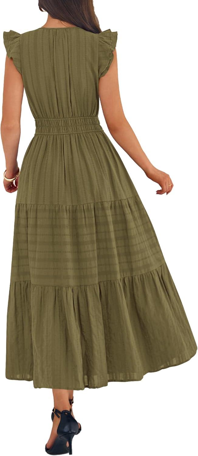 imageBTFBM Womens Summer Maxi Dress 2026 Spring Boho Vacation Ruffle Flutter Short Sleeve A Line Tiered Flowy Dresses PocketsArmy Green