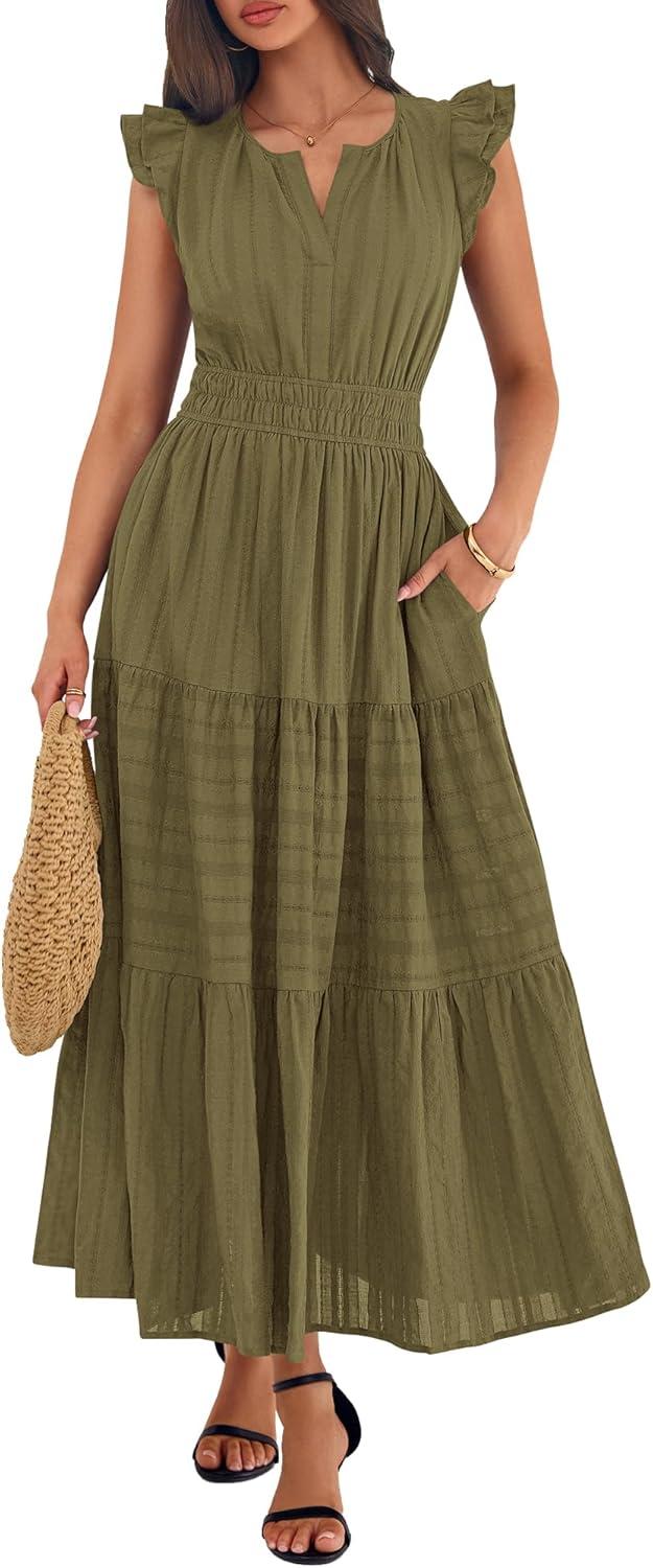 imageBTFBM Womens Summer Maxi Dress 2026 Spring Boho Vacation Ruffle Flutter Short Sleeve A Line Tiered Flowy Dresses PocketsArmy Green
