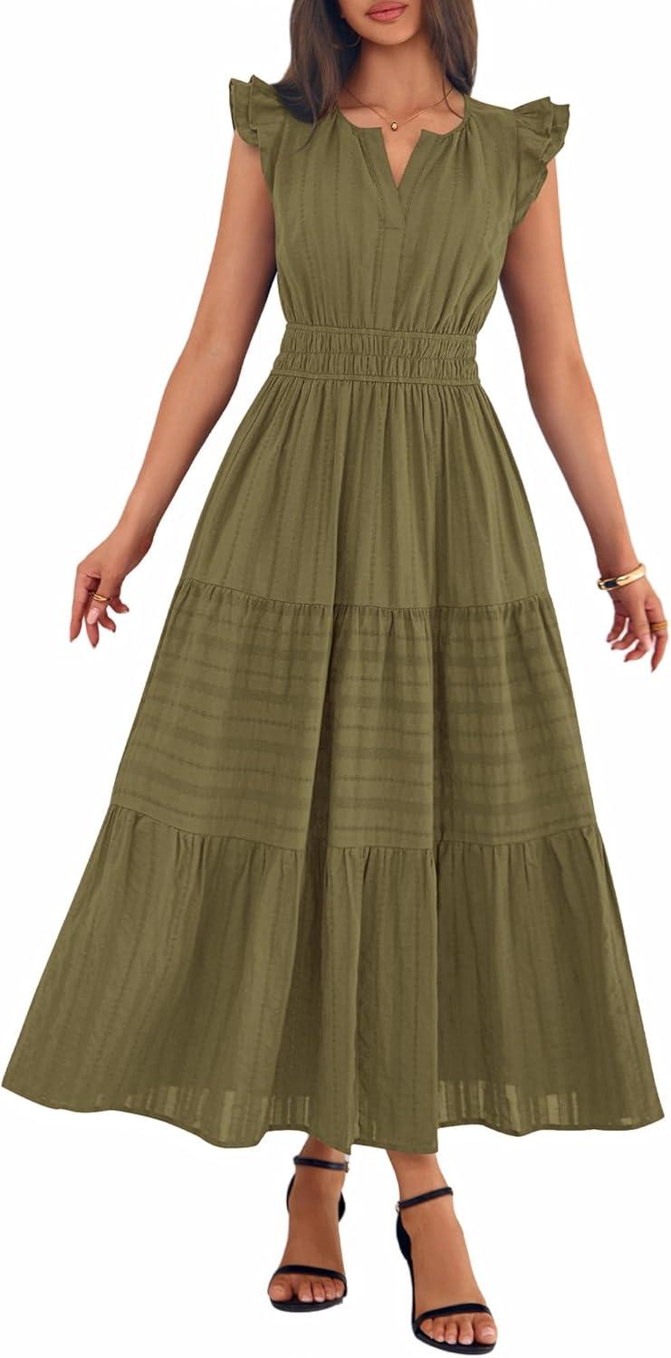imageBTFBM Womens Summer Maxi Dress 2026 Spring Boho Vacation Ruffle Flutter Short Sleeve A Line Tiered Flowy Dresses PocketsArmy Green