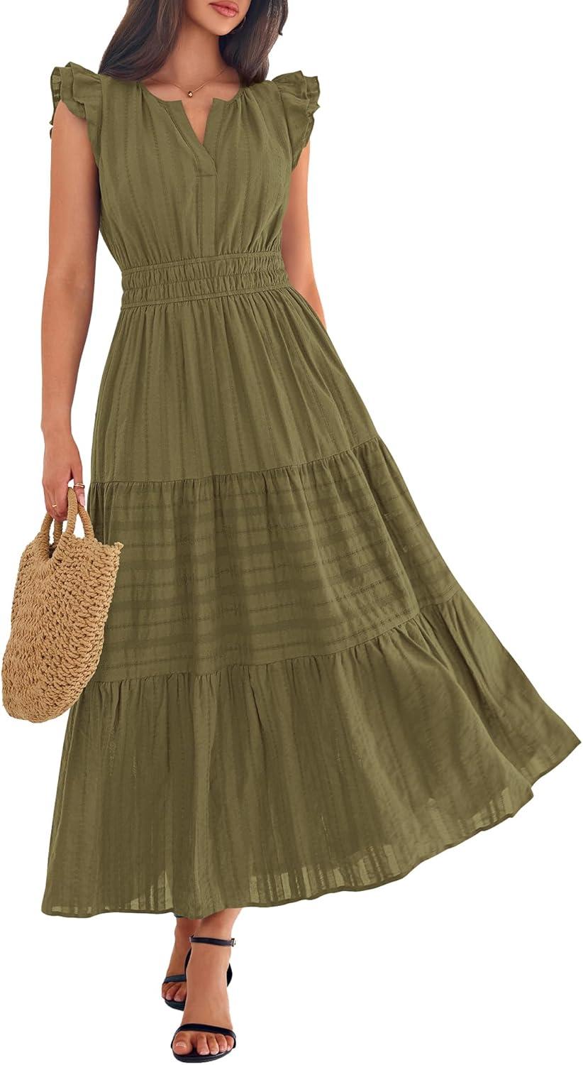 imageBTFBM Womens Summer Maxi Dress 2026 Spring Boho Vacation Ruffle Flutter Short Sleeve A Line Tiered Flowy Dresses PocketsArmy Green