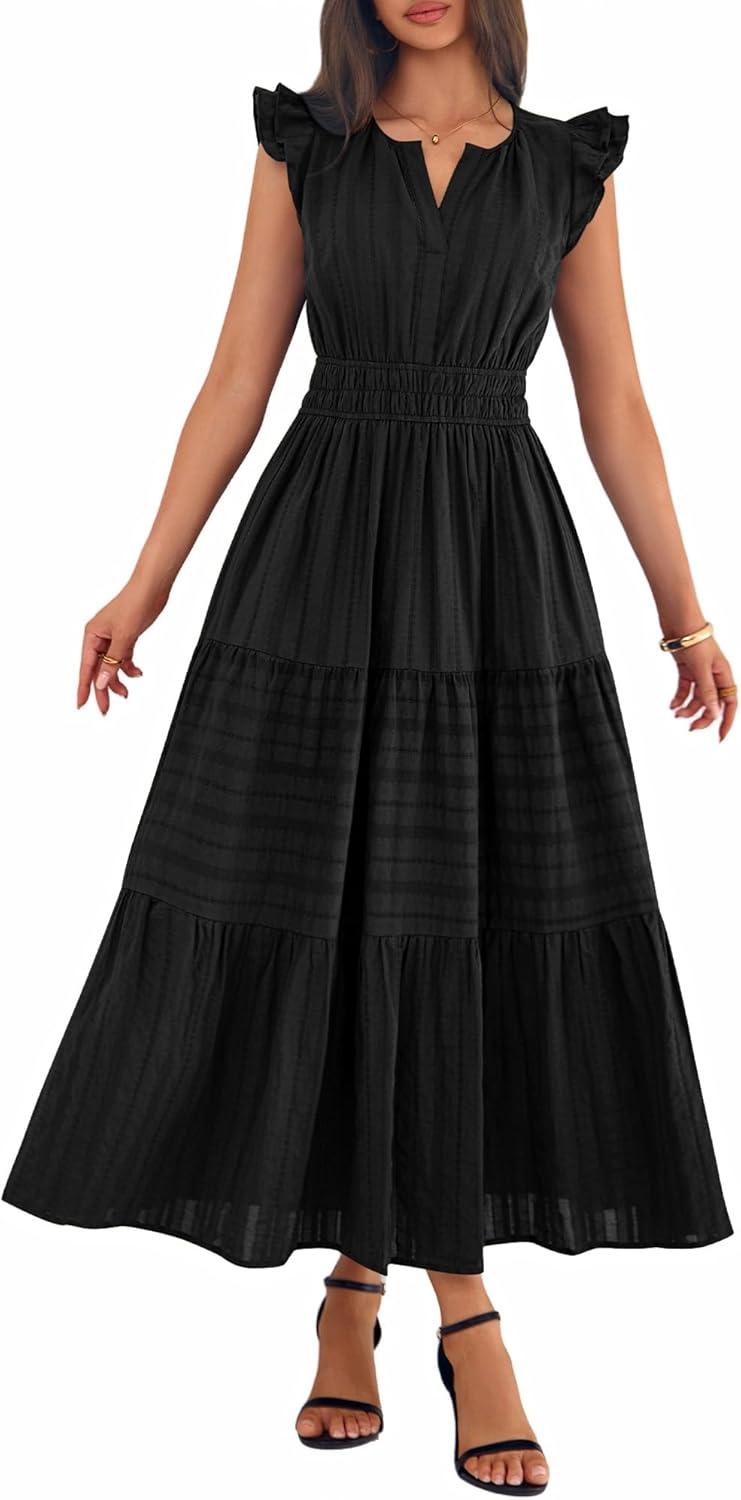 imageBTFBM Womens Summer Maxi Dress 2026 Spring Boho Vacation Ruffle Flutter Short Sleeve A Line Tiered Flowy Dresses PocketsBlack