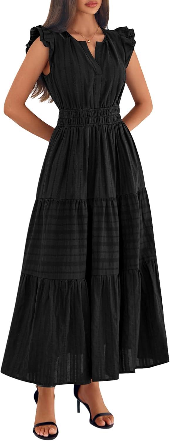 imageBTFBM Womens Summer Maxi Dress 2026 Spring Boho Vacation Ruffle Flutter Short Sleeve A Line Tiered Flowy Dresses PocketsBlack