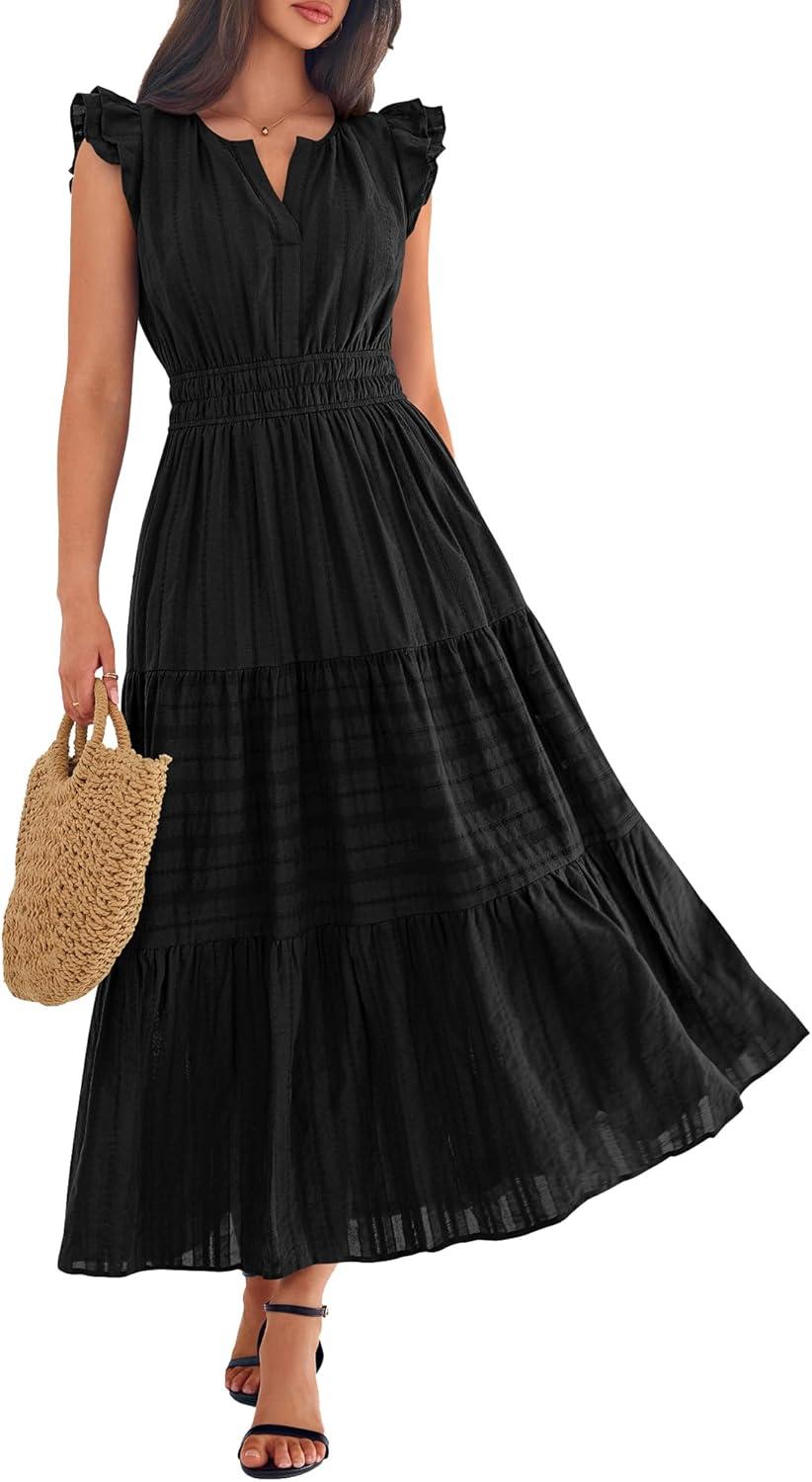 imageBTFBM Womens Summer Maxi Dress 2026 Spring Boho Vacation Ruffle Flutter Short Sleeve A Line Tiered Flowy Dresses PocketsBlack