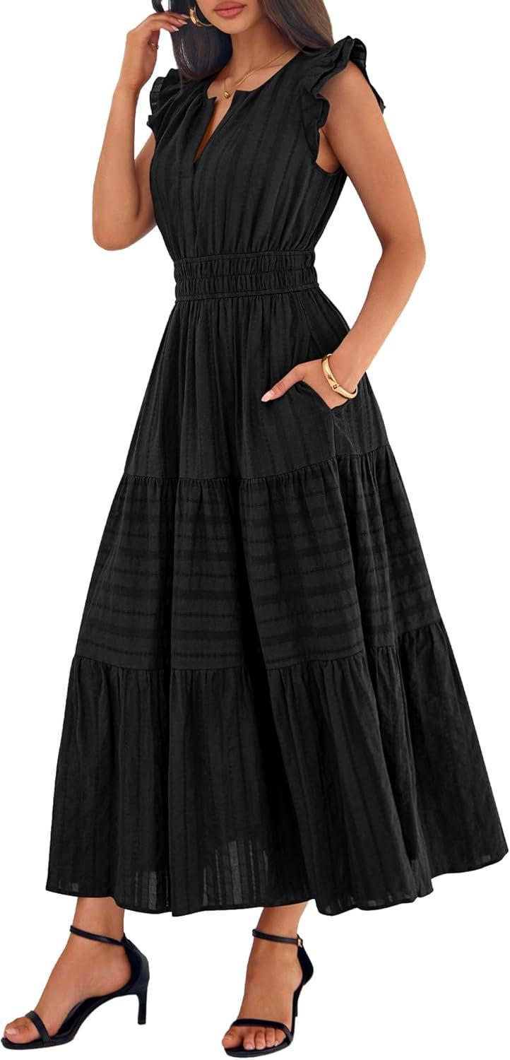 imageBTFBM Womens Summer Maxi Dress 2026 Spring Boho Vacation Ruffle Flutter Short Sleeve A Line Tiered Flowy Dresses PocketsBlack