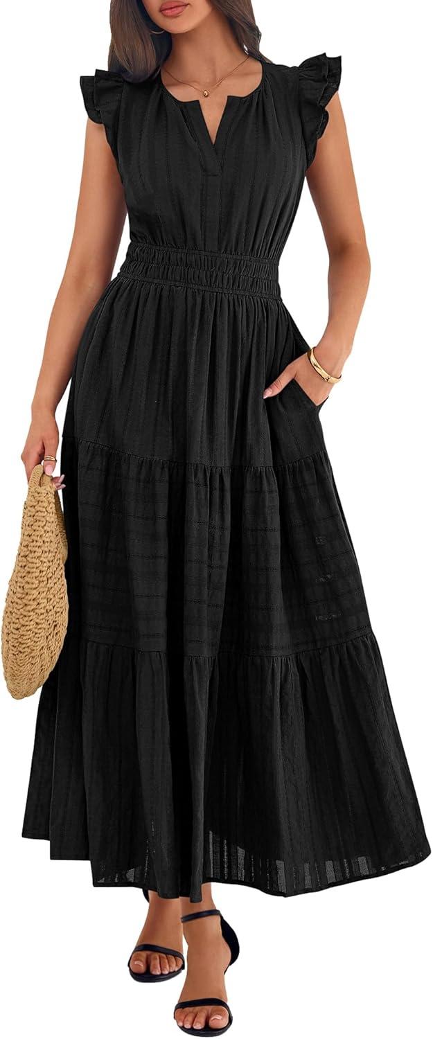 imageBTFBM Womens Summer Maxi Dress 2026 Spring Boho Vacation Ruffle Flutter Short Sleeve A Line Tiered Flowy Dresses PocketsBlack