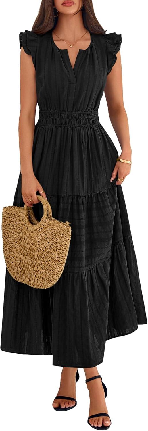 imageBTFBM Womens Summer Maxi Dress 2026 Spring Boho Vacation Ruffle Flutter Short Sleeve A Line Tiered Flowy Dresses PocketsBlack