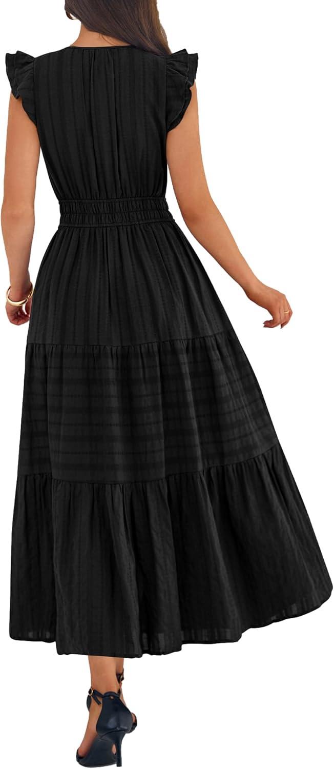 imageBTFBM Womens Summer Maxi Dress 2026 Spring Boho Vacation Ruffle Flutter Short Sleeve A Line Tiered Flowy Dresses PocketsBlack