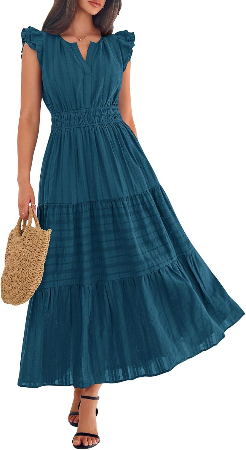 imageBTFBM Womens Summer Maxi Dress 2026 Spring Boho Vacation Ruffle Flutter Short Sleeve A Line Tiered Flowy Dresses PocketsLake Blue