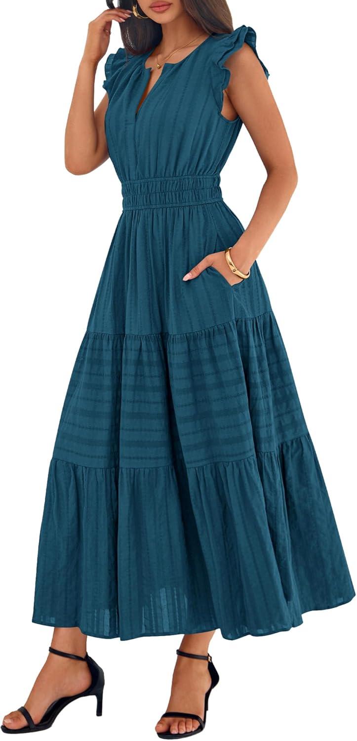 imageBTFBM Womens Summer Maxi Dress 2026 Spring Boho Vacation Ruffle Flutter Short Sleeve A Line Tiered Flowy Dresses PocketsLake Blue